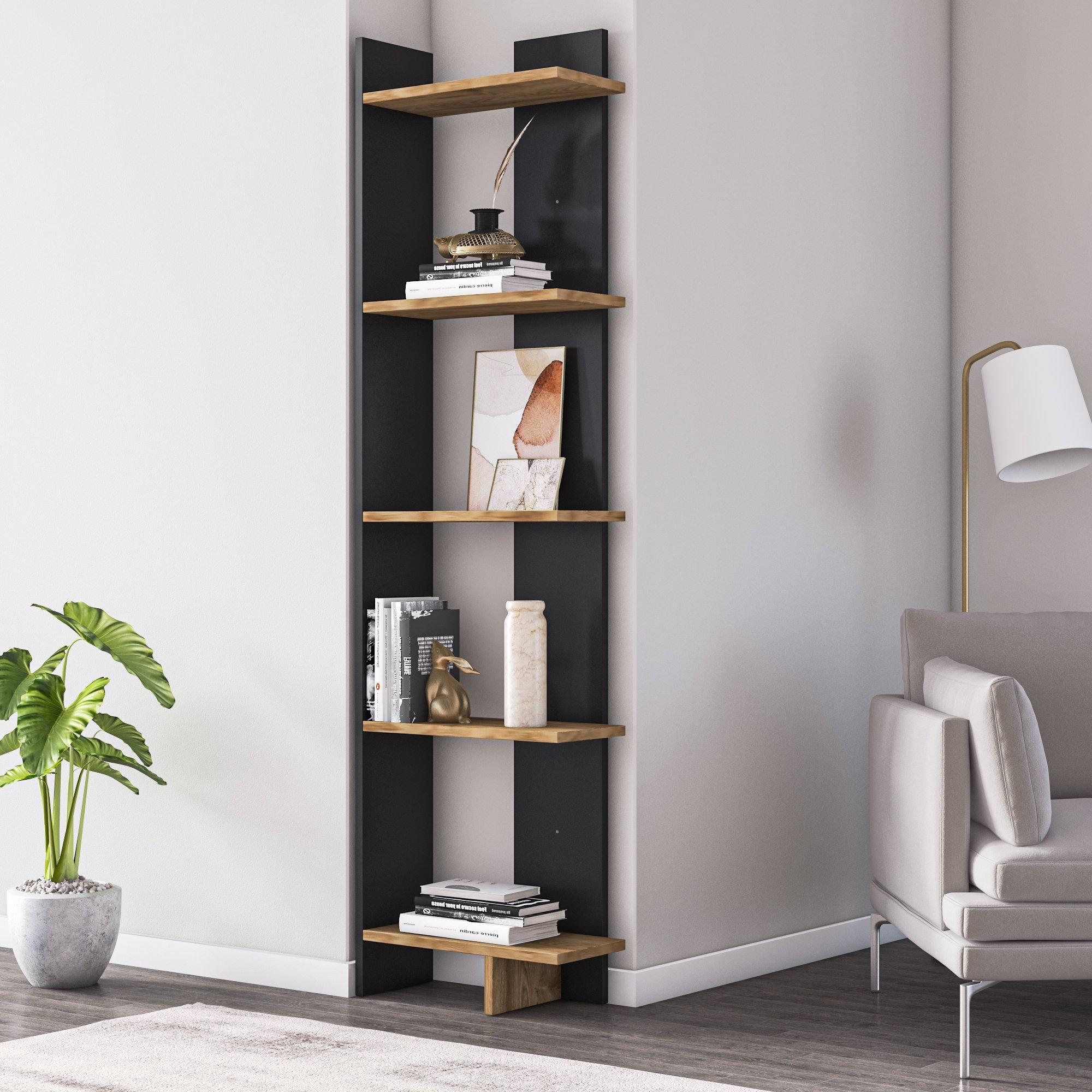 Decorotika Alis 5-Shelves Modern Corner Unit Bookcase Shelving Unit - Black & Oak